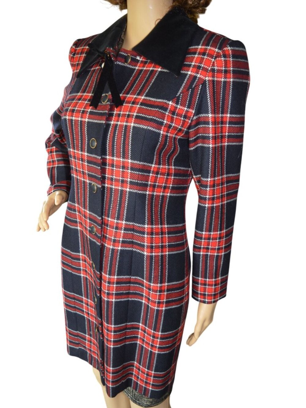 Vintage 60s Nonnoca Plaid Double Breasted Coat Dress Size XS Coquette Holiday - Picture 3 of 10